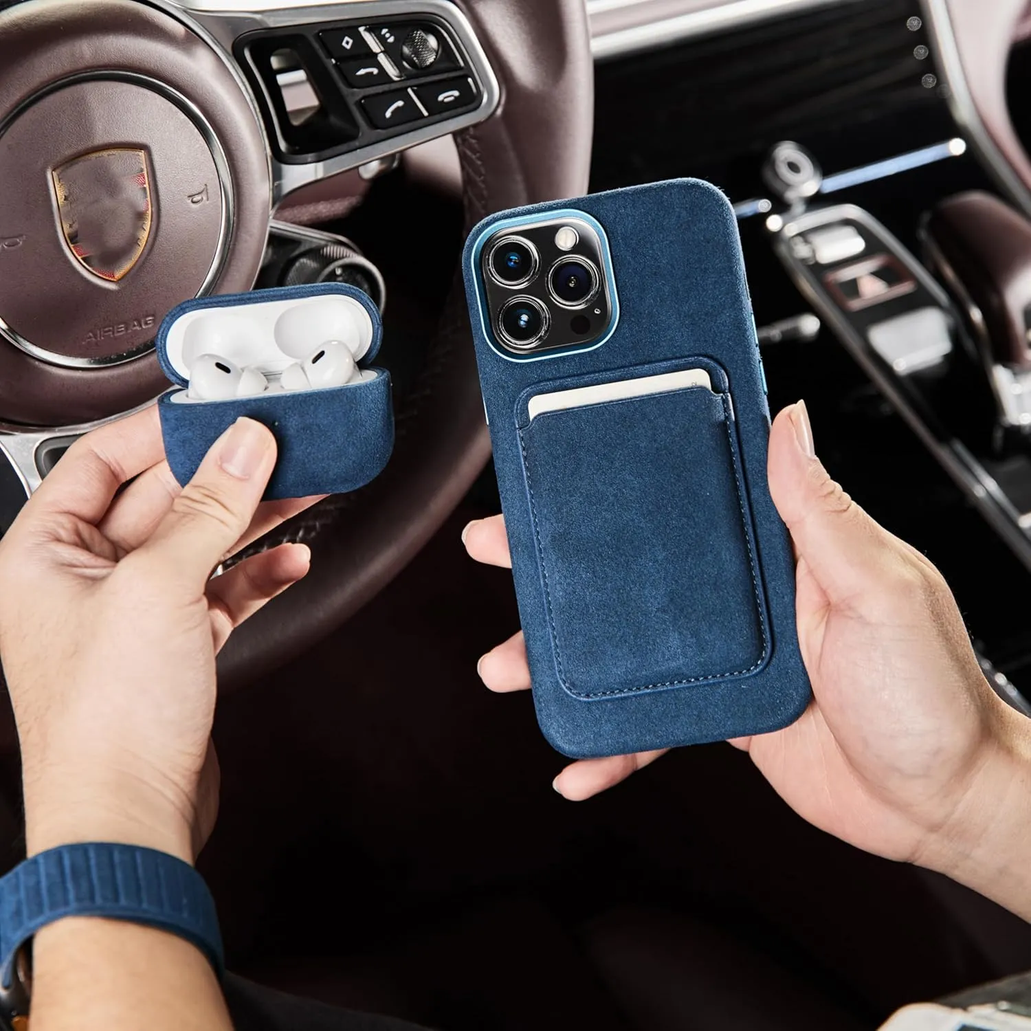 for Alcantara Full-Wrap Phone Case for iPhone 16 Series, Compatible with Mag-Safe Wireless Charging, Handmade Full-Wrap Italian Synthetic Suede Cover (for iPhone 16 Pro Max, Navy Blue)