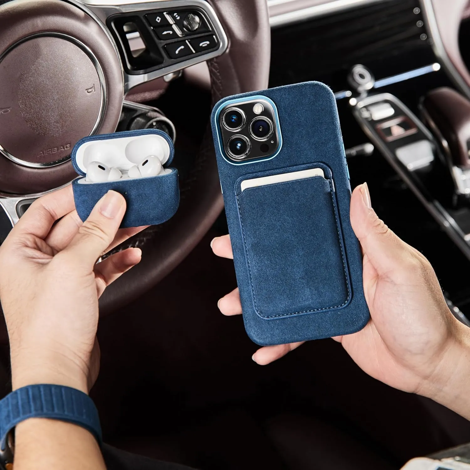 for Alcantara Full-Wrap Phone Case for iPhone 16 Series, Compatible with Mag-Safe Wireless Charging, Handmade Full-Wrap Italian Synthetic Suede Cover (for iPhone 16 Pro Max, Navy Blue)