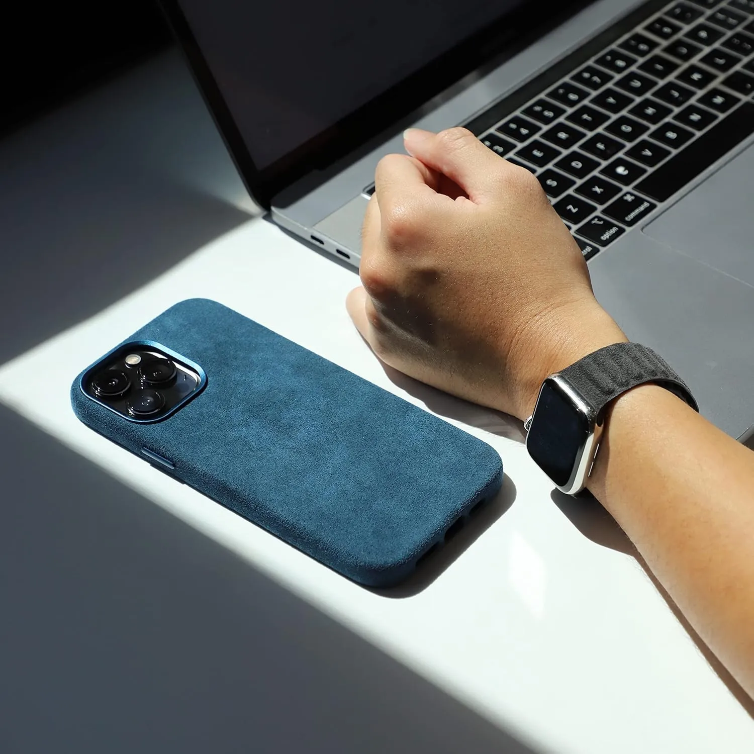 for Alcantara Full-Wrap Phone Case for iPhone 16 Series, Compatible with Mag-Safe Wireless Charging, Handmade Full-Wrap Italian Synthetic Suede Cover (for iPhone 16 Pro Max, Navy Blue)
