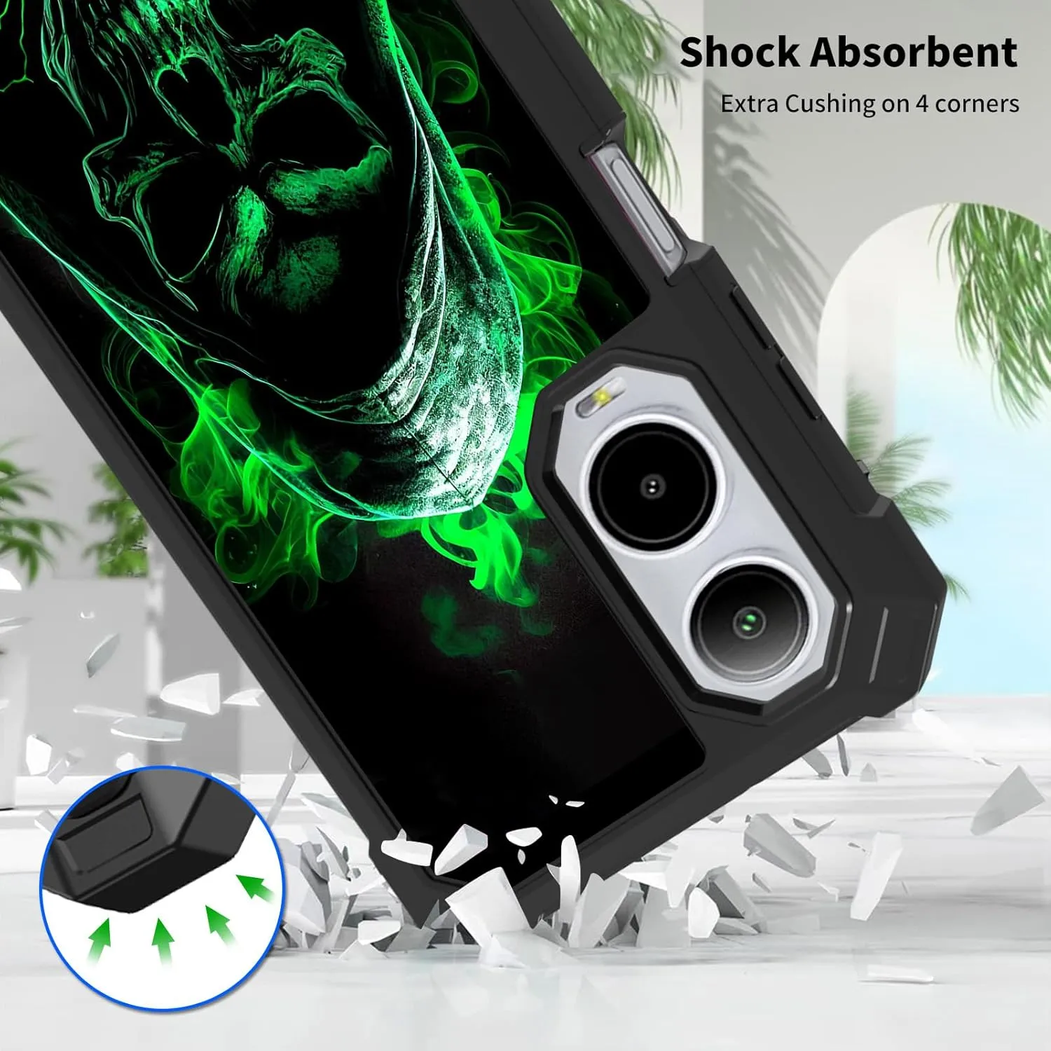 for Cricket Icon 6 Phone Case,AT&T Verge Phone Case with Screen Protector Rugged Dual Layer Protection Shockproof Corner Silicone Bumper Cover Case for Cricket Icon 6,Green Skull Men