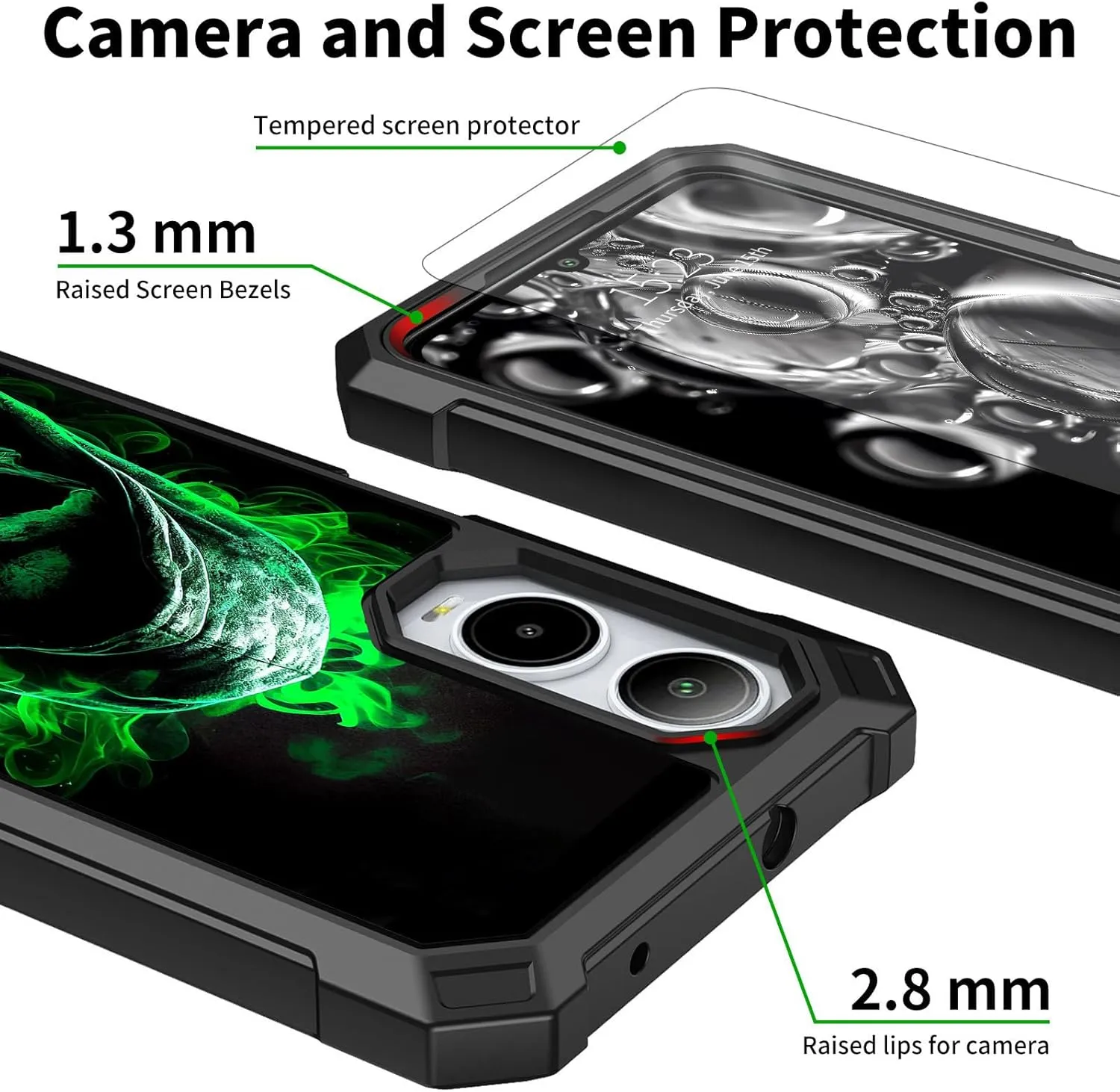 for Cricket Icon 6 Phone Case,AT&T Verge Phone Case with Screen Protector Rugged Dual Layer Protection Shockproof Corner Silicone Bumper Cover Case for Cricket Icon 6,Green Skull Men
