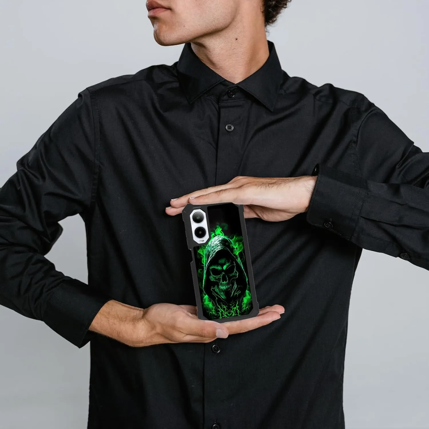 for Cricket Icon 6 Phone Case,AT&T Verge Phone Case with Screen Protector Rugged Dual Layer Protection Shockproof Corner Silicone Bumper Cover Case for Cricket Icon 6,Green Skull Men