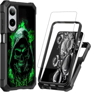 for Cricket Icon 6 Phone Case,AT&T Verge Phone Case with Screen Protector Rugged Dual Layer Protection Shockproof Corner Silicone Bumper Cover Case for Cricket Icon 6,Green Skull Men