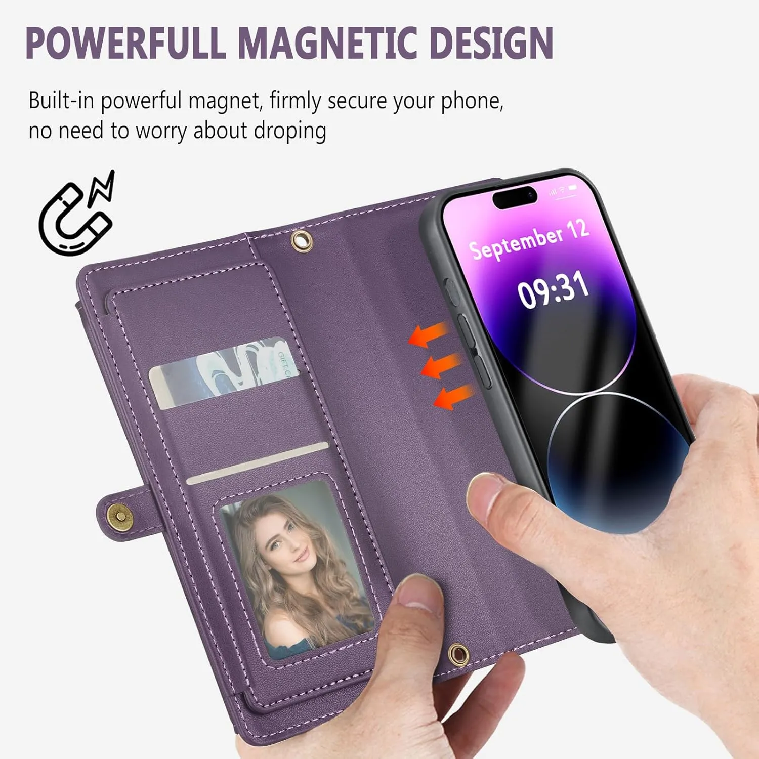 for iPhone 14 Pro Max Wallet Case with Card Holder/Crossbody Wallet/Strap,[RFID Blocking][Magnetic] PU Leather Shockproof Protective Cover iPhone 14 Pro Max Phone Case 6.7”,Purple