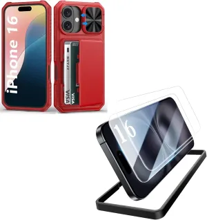 for iPhone 16 Case Wallet with Screen Protector (2 Pack), Card Holder (4-5 Cards), Slide Camera Cover, Military Grade & RFID Block, Heavy Duty Men Women Case for iPhone 16, Red