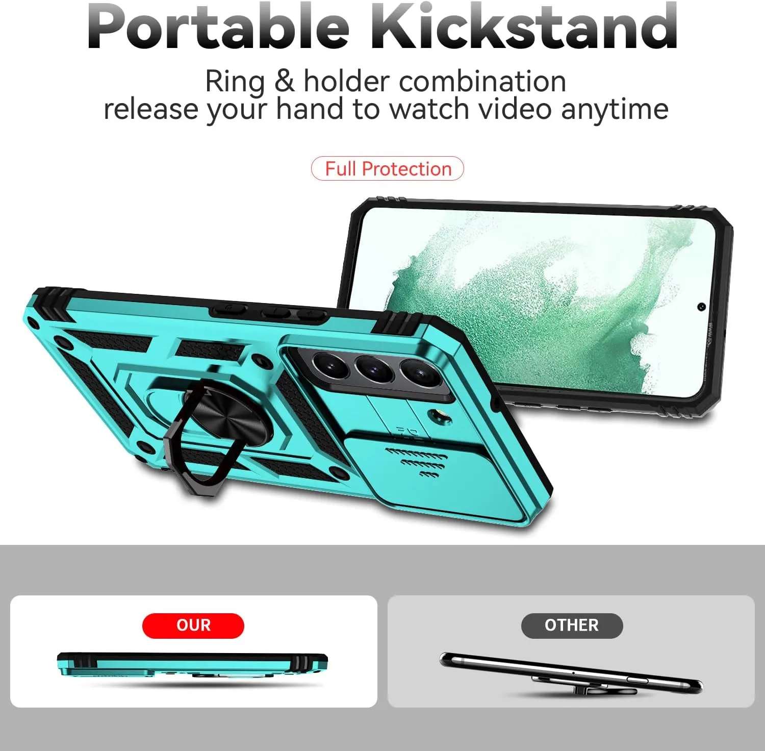 for Samsung Galaxy S22 Case with Camera Lens Cover HD Screen Protector, Dual Layer Military-Grade Drop Tested Magnetic Ring Holder Kickstand Protective Phone Case for Samsung Galaxy S22 5G (Mint)