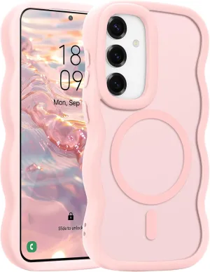 for Samsung Galaxy S25/S24 Case, Curly Wavy Frame Hard Translucent Matte Clear Back Cover for Women Men Compatible with Magsafe Shockproof TPU Bumper Phone Case for Samsung S25/S24, Pink