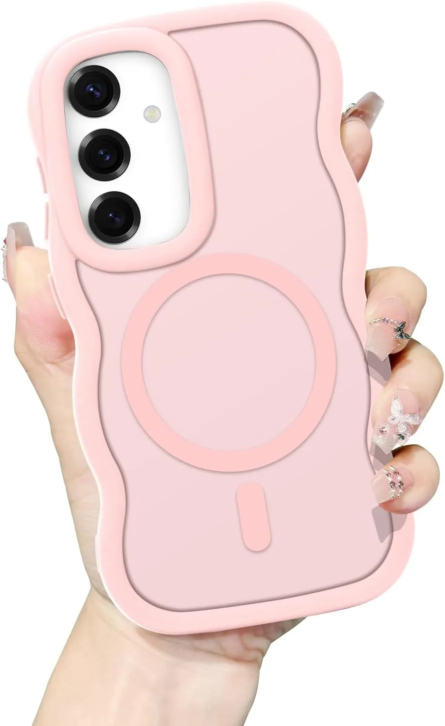 for Samsung Galaxy S25/S24 Case, Curly Wavy Frame Hard Translucent Matte Clear Back Cover for Women Men Compatible with Magsafe Shockproof TPU Bumper Phone Case for Samsung S25/S24, Pink