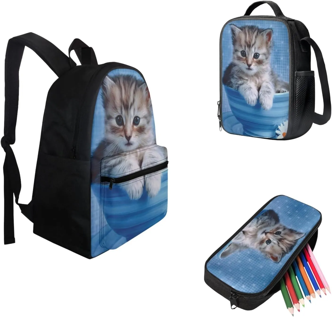FOR U DESIGNS Cat Backpack for Girls Bookbag Ages 8-10 Kids Backpack with Lunch Box Pencil Case Kindergarten Backpack for Girls Backpack 10-12 Years Old Backpack with Matching Lunch Box for Girls