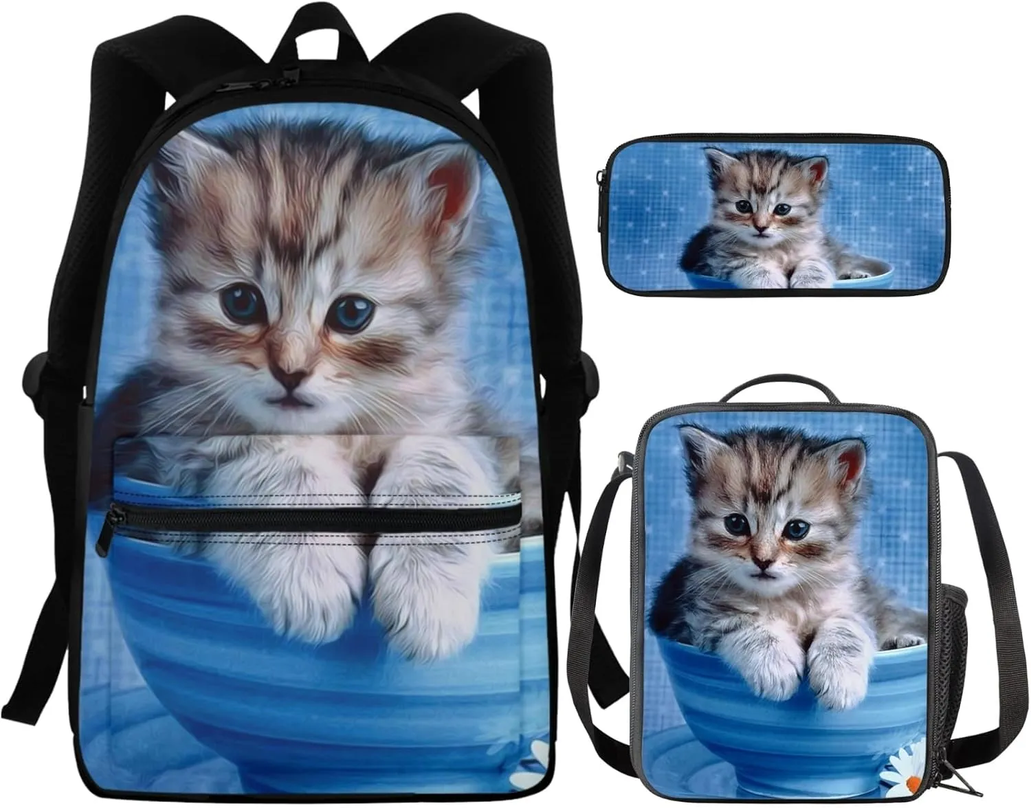 FOR U DESIGNS Cat Backpack for Girls Bookbag Ages 8-10 Kids Backpack with Lunch Box Pencil Case Kindergarten Backpack for Girls Backpack 10-12 Years Old Backpack with Matching Lunch Box for Girls