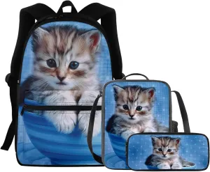 FOR U DESIGNS Cat Backpack for Girls Bookbag Ages 8-10 Kids Backpack with Lunch Box Pencil Case Kindergarten Backpack for Girls Backpack 10-12 Years Old Backpack with Matching Lunch Box for Girls