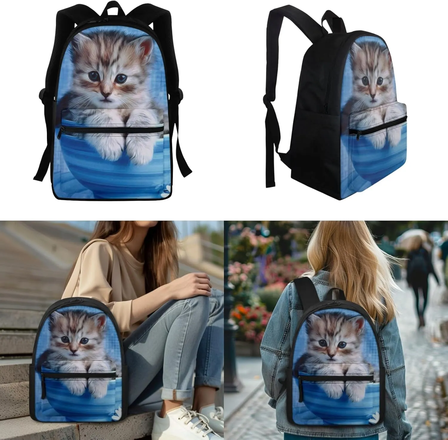FOR U DESIGNS Cat Backpack for Girls Bookbag Ages 8-10 Kids Backpack with Lunch Box Pencil Case Kindergarten Backpack for Girls Backpack 10-12 Years Old Backpack with Matching Lunch Box for Girls
