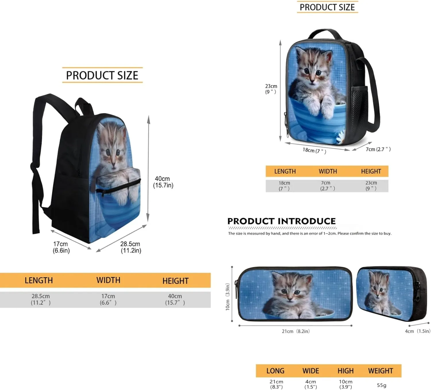 FOR U DESIGNS Cat Backpack for Girls Bookbag Ages 8-10 Kids Backpack with Lunch Box Pencil Case Kindergarten Backpack for Girls Backpack 10-12 Years Old Backpack with Matching Lunch Box for Girls