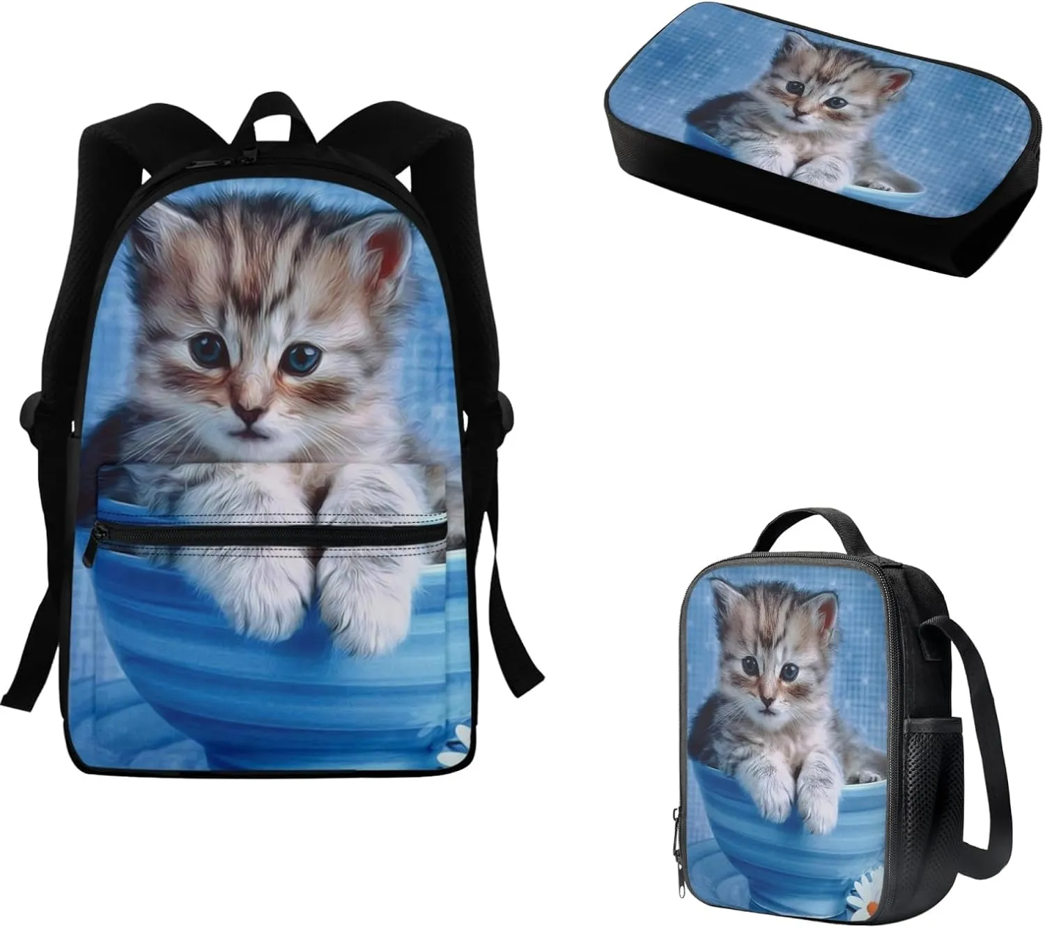FOR U DESIGNS Cat Backpack for Girls Bookbag Ages 8-10 Kids Backpack with Lunch Box Pencil Case Kindergarten Backpack for Girls Backpack 10-12 Years Old Backpack with Matching Lunch Box for Girls