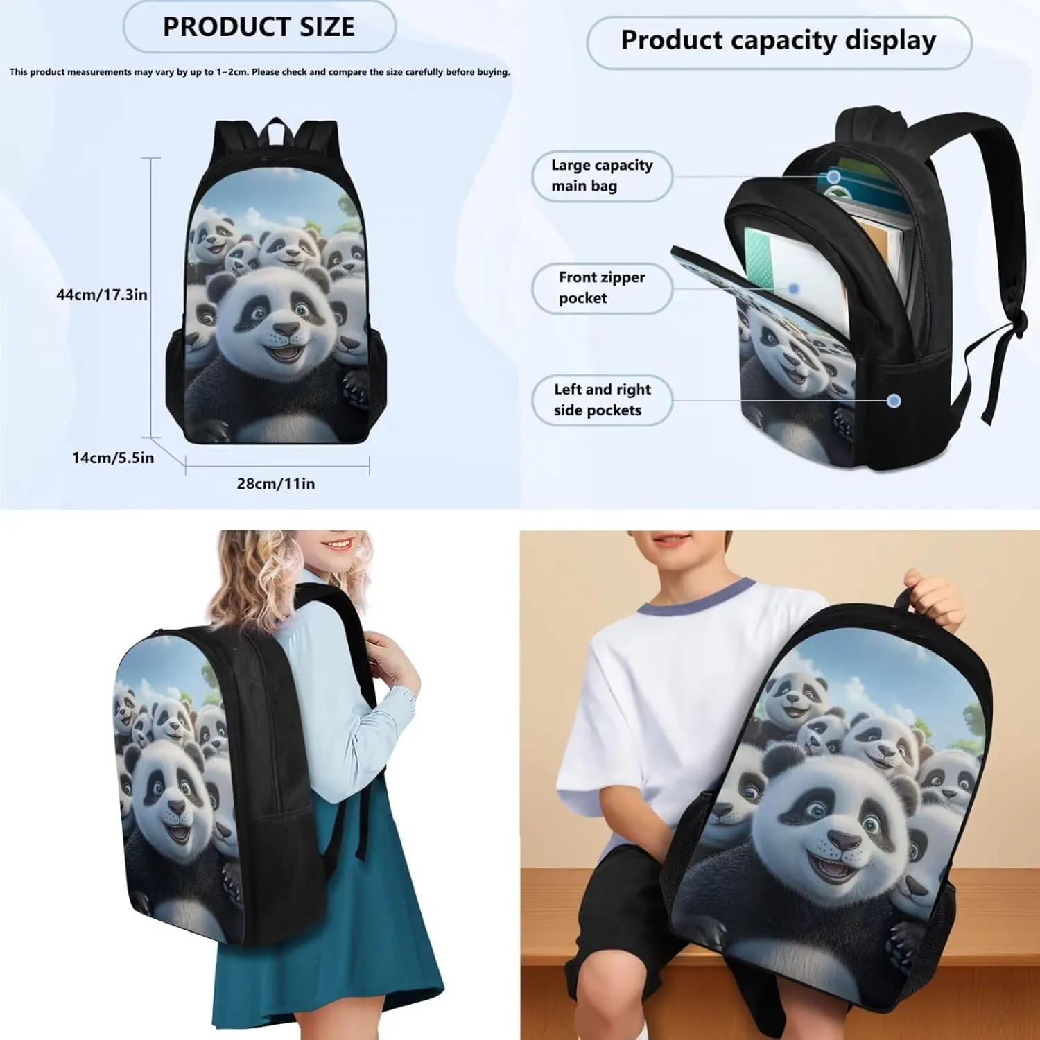 FOR U DESIGNS Lightweight Panda Backpack Set 17 Inch Bookbag and Lunch Bag Set for School Elementary School Bag Grade 1 Lightweight Travel Rucksack 3 Piece