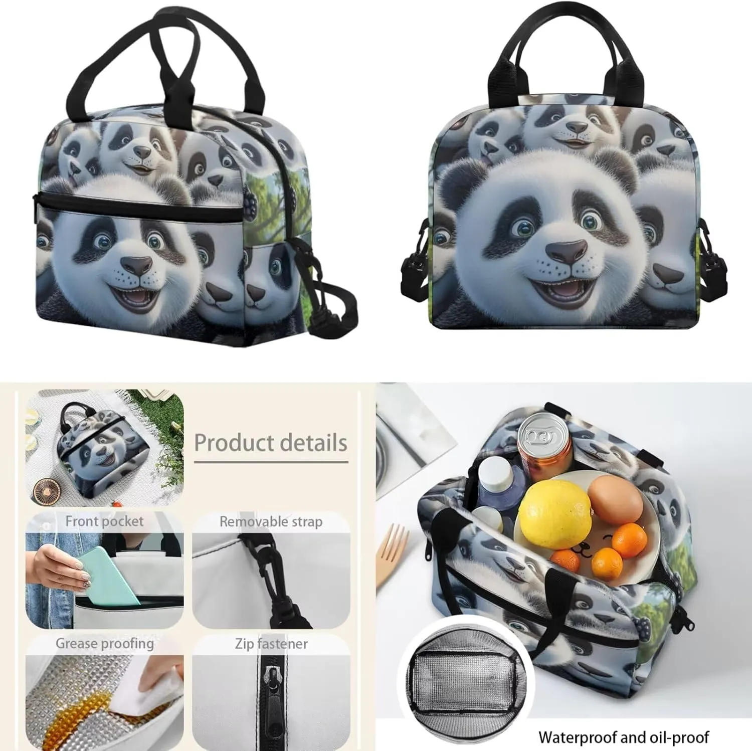 FOR U DESIGNS Lightweight Panda Backpack Set 17 Inch Bookbag and Lunch Bag Set for School Elementary School Bag Grade 1 Lightweight Travel Rucksack 3 Piece