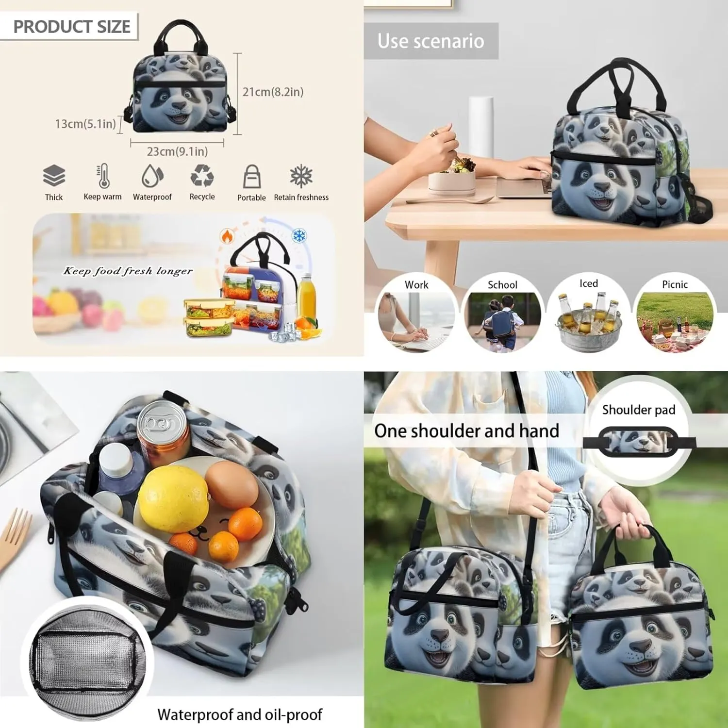 FOR U DESIGNS Lightweight Panda Backpack Set 17 Inch Bookbag and Lunch Bag Set for School Elementary School Bag Grade 1 Lightweight Travel Rucksack 3 Piece