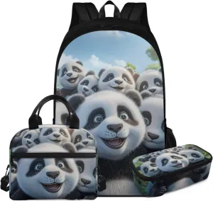 FOR U DESIGNS Lightweight Panda Backpack Set 17 Inch Bookbag and Lunch Bag Set for School Elementary School Bag Grade 1 Lightweight Travel Rucksack 3 Piece
