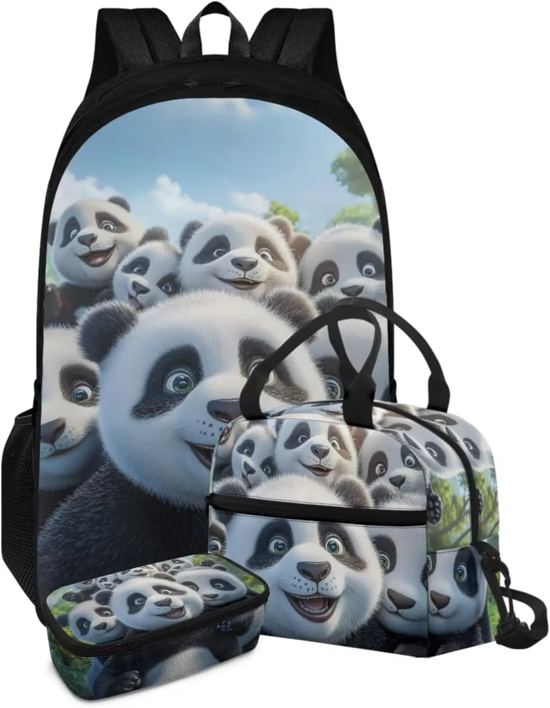 FOR U DESIGNS Lightweight Panda Backpack Set 17 Inch Bookbag and Lunch Bag Set for School Elementary School Bag Grade 1 Lightweight Travel Rucksack 3 Piece