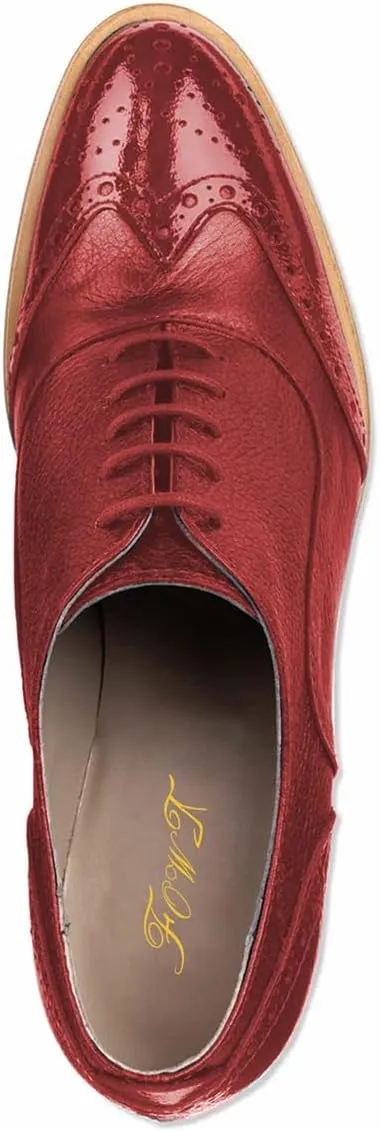 FOWT Women's Perforated Lace-Up Oxfords Almond Toe Mid Chunky Heel Brogues Casual Unisex Derby Saddle Shoes for Office Vacation Business US Size 4-16