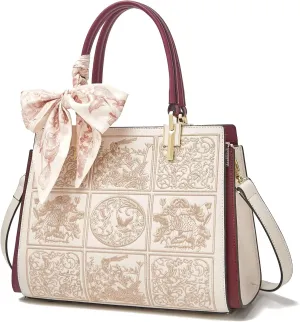 FOXLOVER Leather Satchel Handbags for Women Tote Shoulder Bag vintage Crossbody Bag Purse Top Handle bag with Embroidery