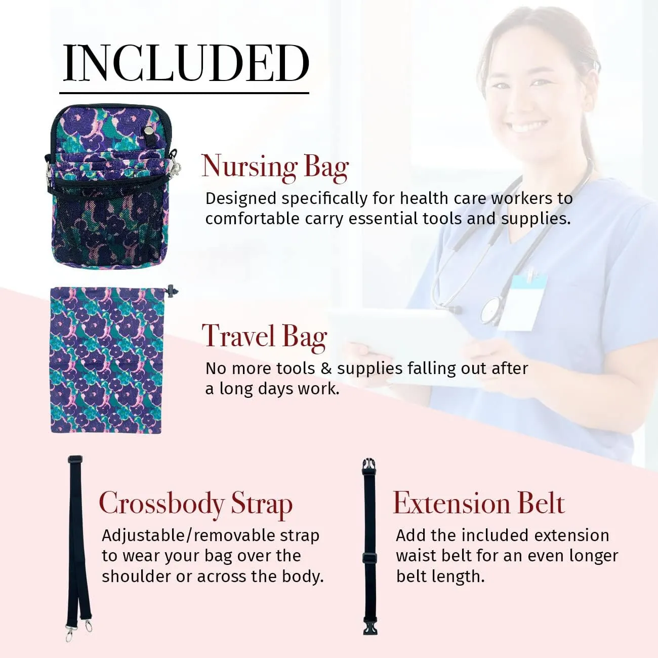 French KOKO Nursing Fanny Pack with Medical Gear Pockets, Tape Holder, and Utility Storage for Stethoscopes, Bandage Scissors, and Emergency Supplies, Student and Nurse Use (Floral Dream)