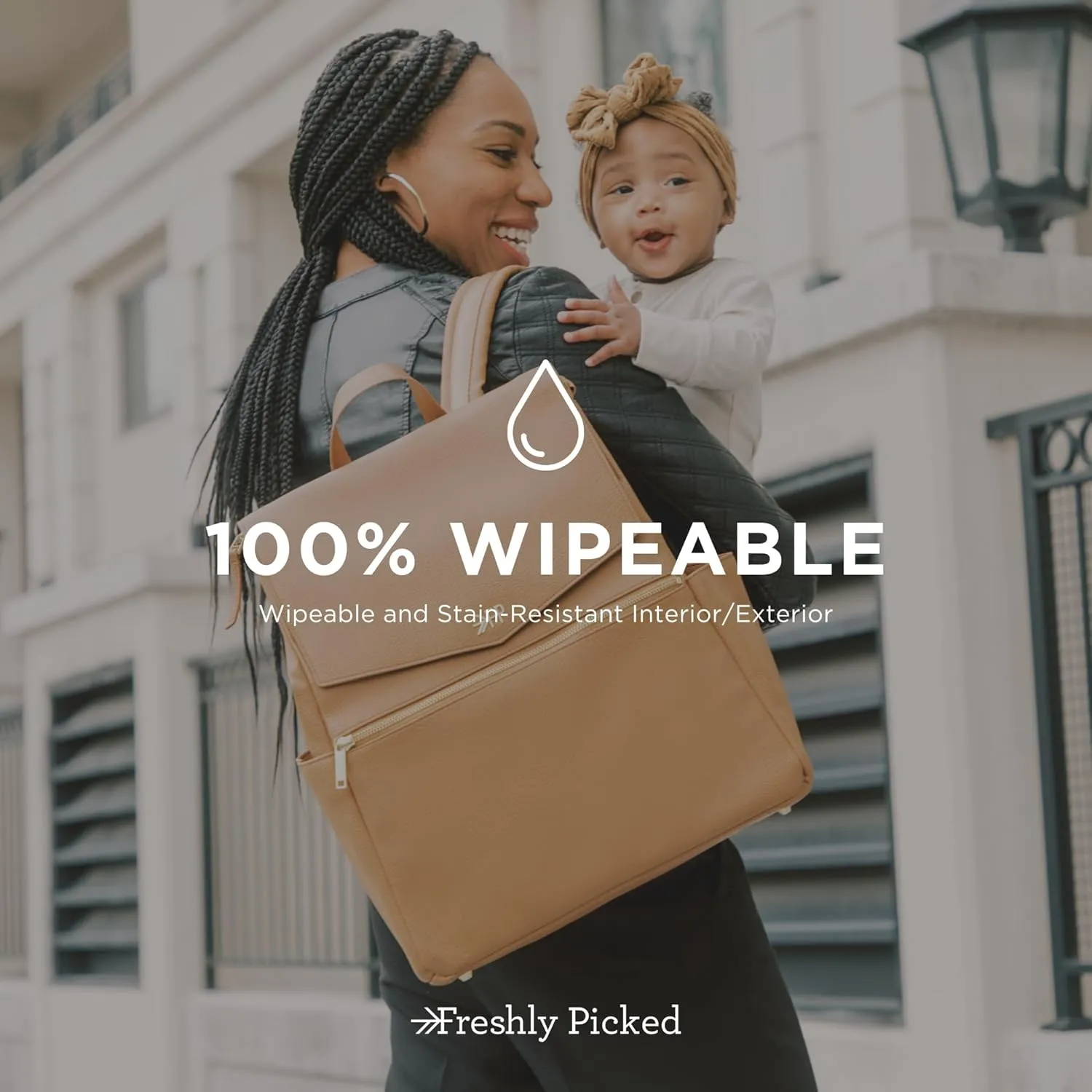 Freshly Picked Classic II Diaper Bag Backpack, Wipeable Vegan Leather With Changing Pad (Butterscotch V2)