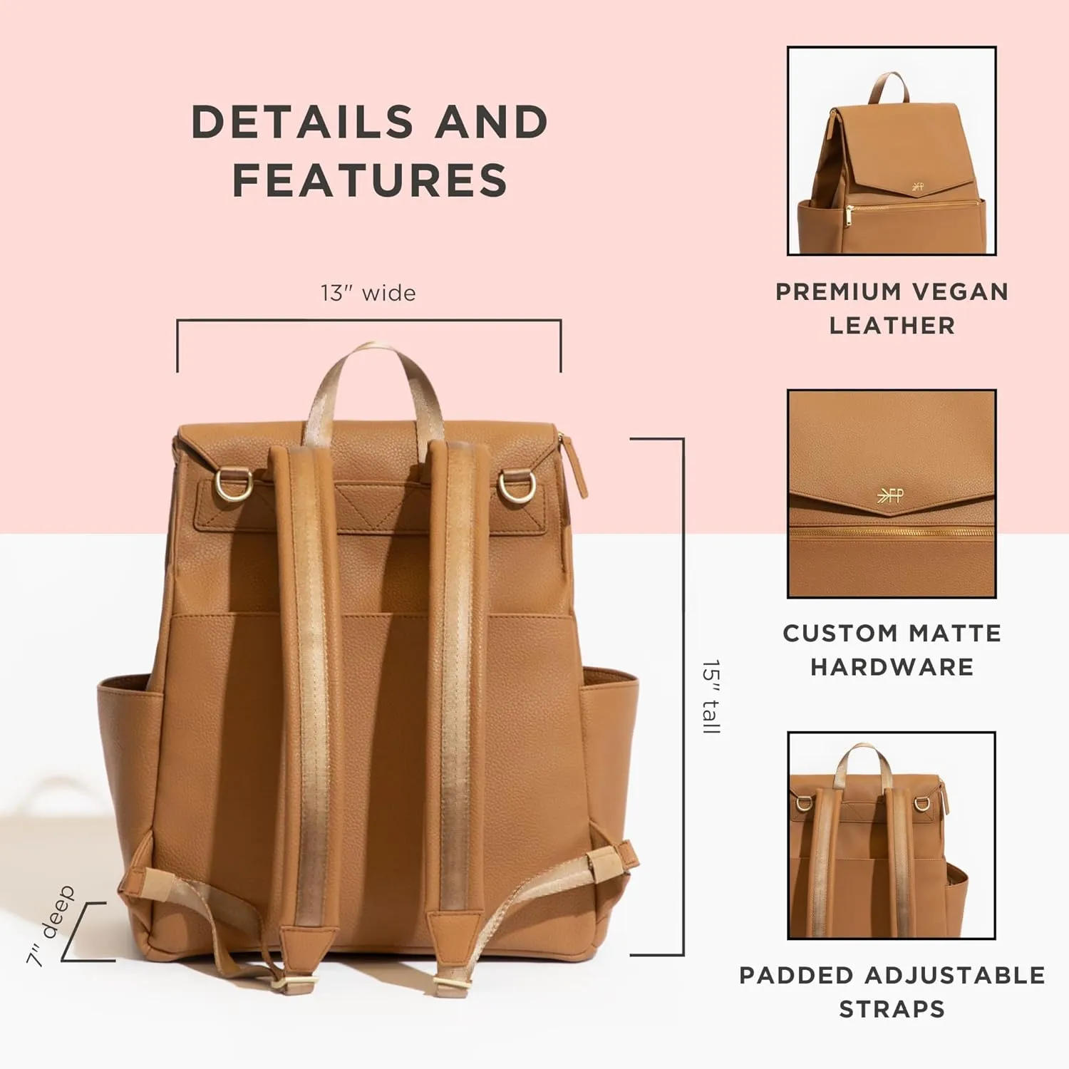 Freshly Picked Classic II Diaper Bag Backpack, Wipeable Vegan Leather With Changing Pad (Butterscotch V2)