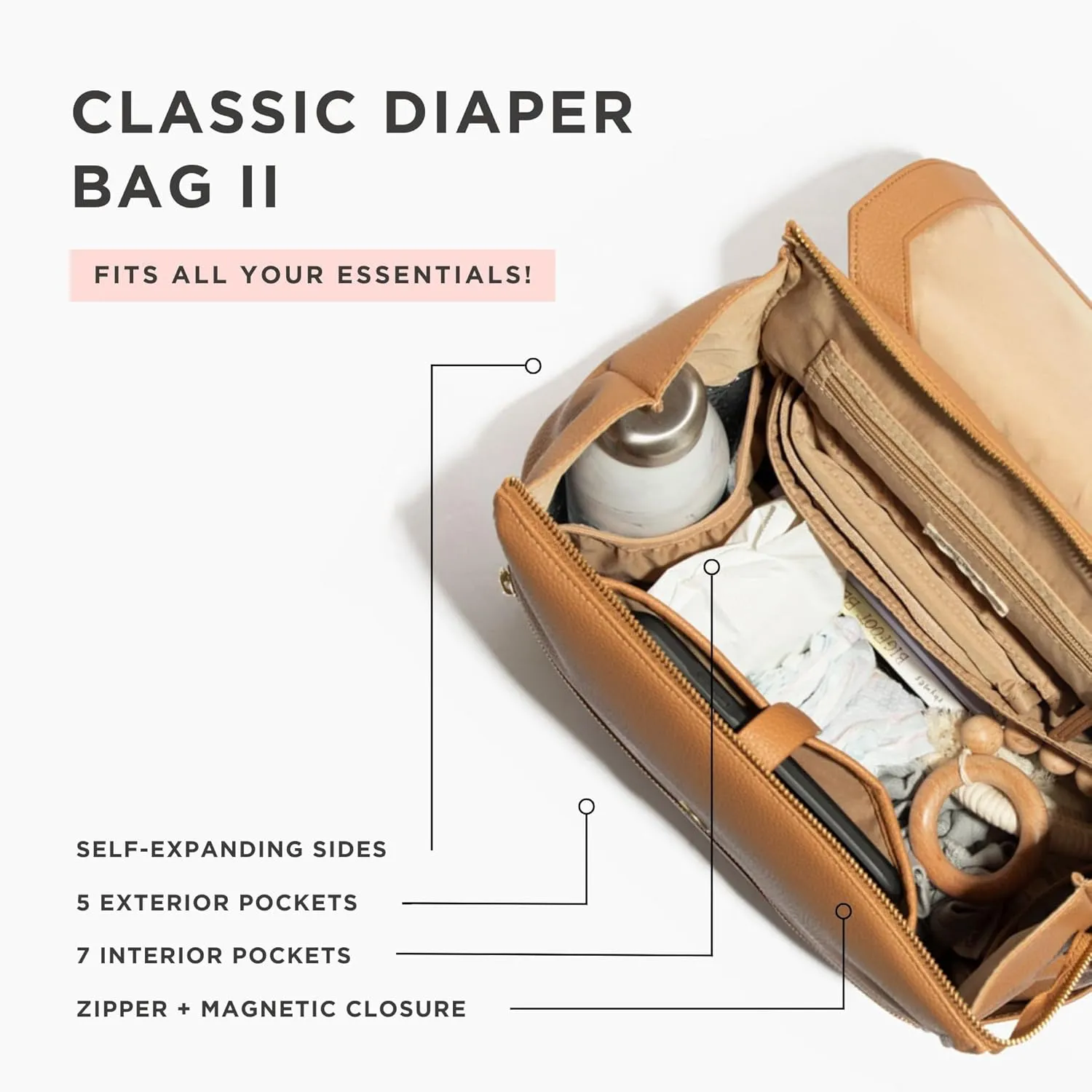 Freshly Picked Classic II Diaper Bag Backpack, Wipeable Vegan Leather With Changing Pad (Butterscotch V2)