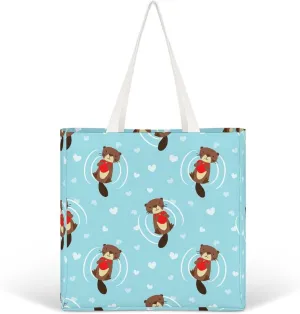 Funny Beaver with Heart Canvas Handbags for Women Funny Tote Bag Reusable Shopping Grocery Bag, bhjsdf465