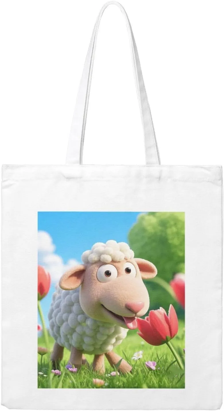 Funny Naughty Sheep Tongue Cute Animal Print Canvas Handbags - Hot Stamping,Grocery Shopping,Washable Canvas Bags With Handles