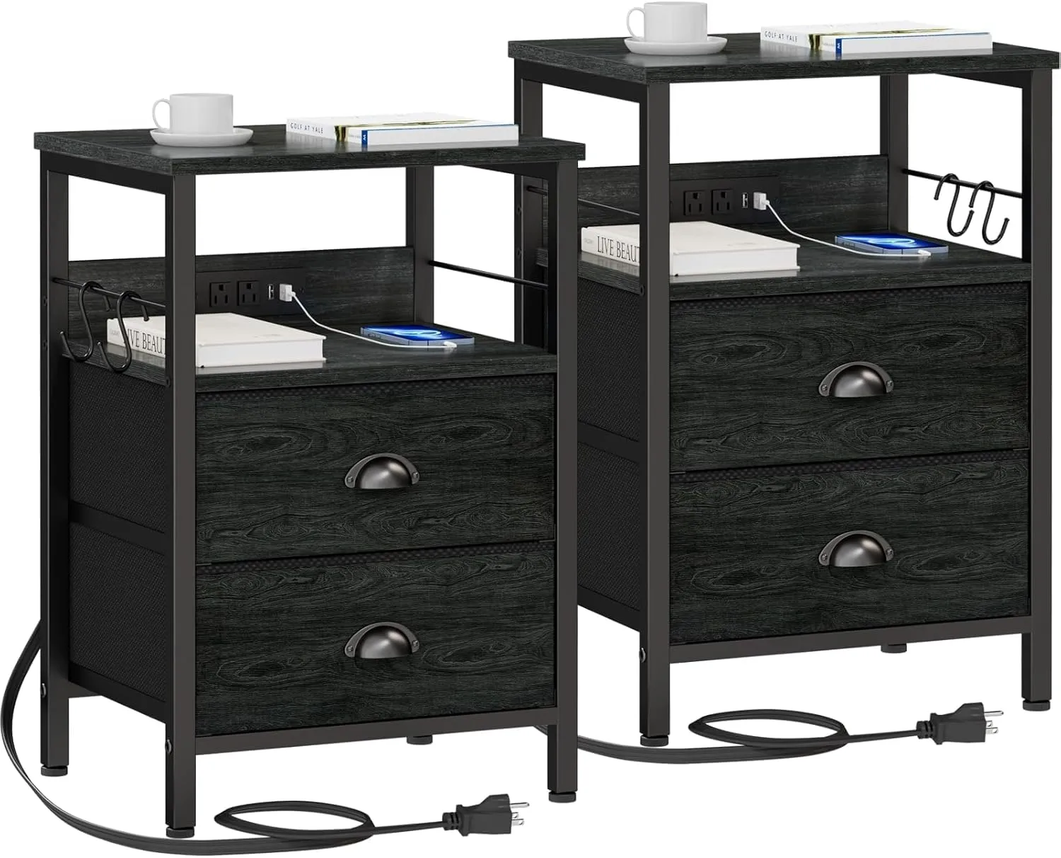 Furologee Nightstand Set of 2, Black Oak, with Charging Station and USB Ports, Side Tables with 2 Fabric Drawers, Bedside Tables with Storage Shelf & Hooks, for Living Room/Bedroom