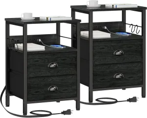 Furologee Nightstand Set of 2, Black Oak, with Charging Station and USB Ports, Side Tables with 2 Fabric Drawers, Bedside Tables with Storage Shelf & Hooks, for Living Room/Bedroom