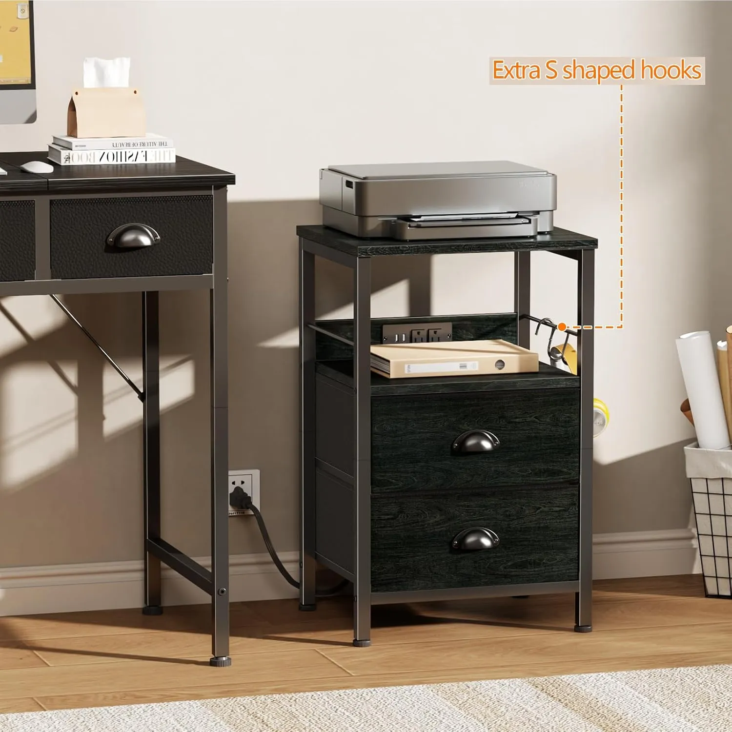 Furologee Nightstand Set of 2, Black Oak, with Charging Station and USB Ports, Side Tables with 2 Fabric Drawers, Bedside Tables with Storage Shelf & Hooks, for Living Room/Bedroom