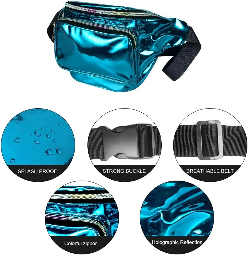 Geestock Fanny Packs for Women holographic Bags, Rave PVC Waterproof Reflective Belt Bag, Fashion Waist Bag with Adjustable Belt, Silver, Pink, Black Glitter Fanny Pack for Swimming Running