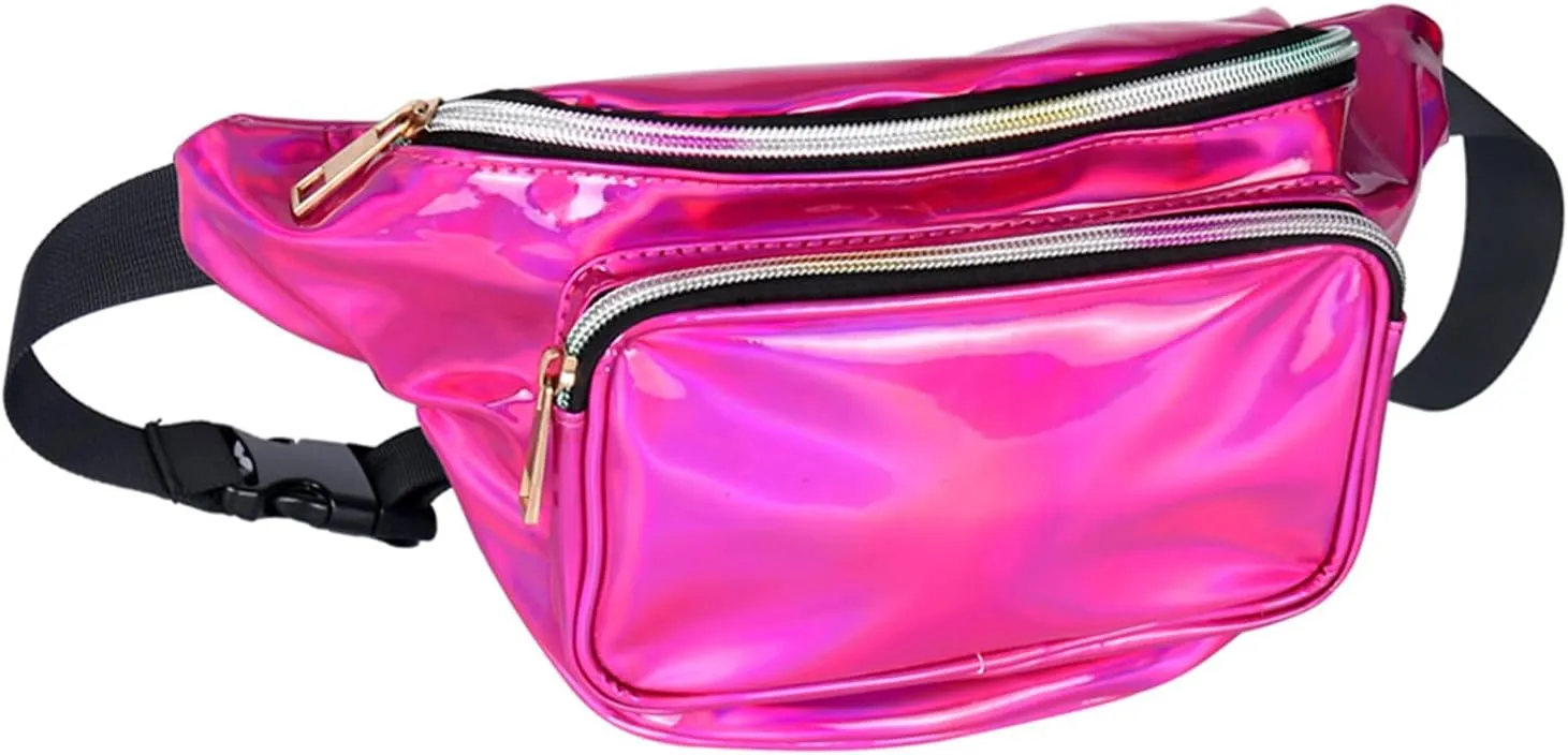 Geestock Fanny Packs for Women holographic Bags, Rave PVC Waterproof Reflective Belt Bag, Fashion Waist Bag with Adjustable Belt, Silver, Pink, Black Glitter Fanny Pack for Swimming Running