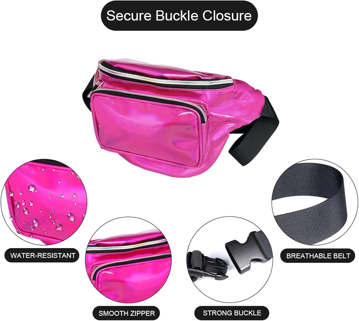 Geestock Fanny Packs for Women holographic Bags, Rave PVC Waterproof Reflective Belt Bag, Fashion Waist Bag with Adjustable Belt, Silver, Pink, Black Glitter Fanny Pack for Swimming Running