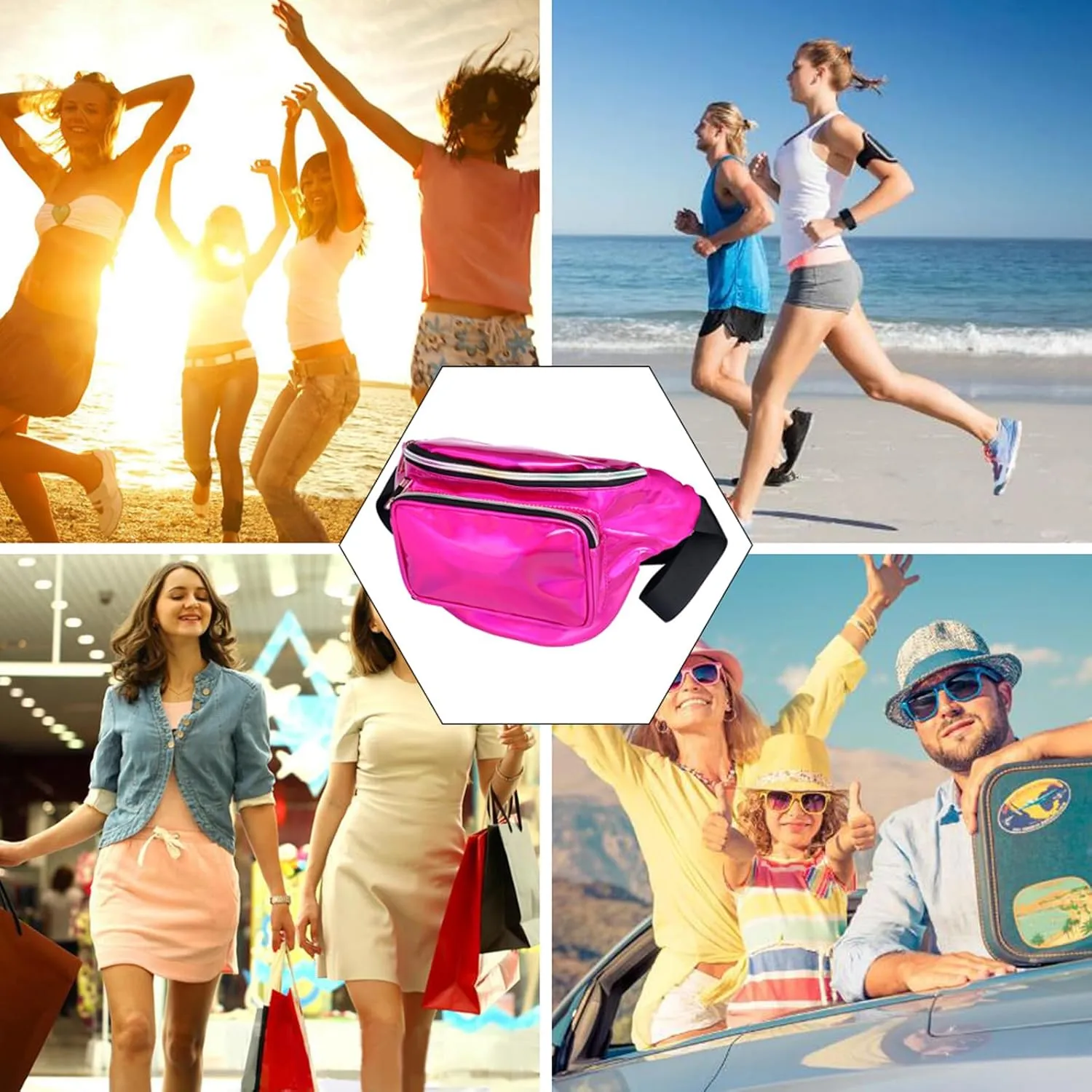 Geestock Fanny Packs for Women holographic Bags, Rave PVC Waterproof Reflective Belt Bag, Fashion Waist Bag with Adjustable Belt, Silver, Pink, Black Glitter Fanny Pack for Swimming Running
