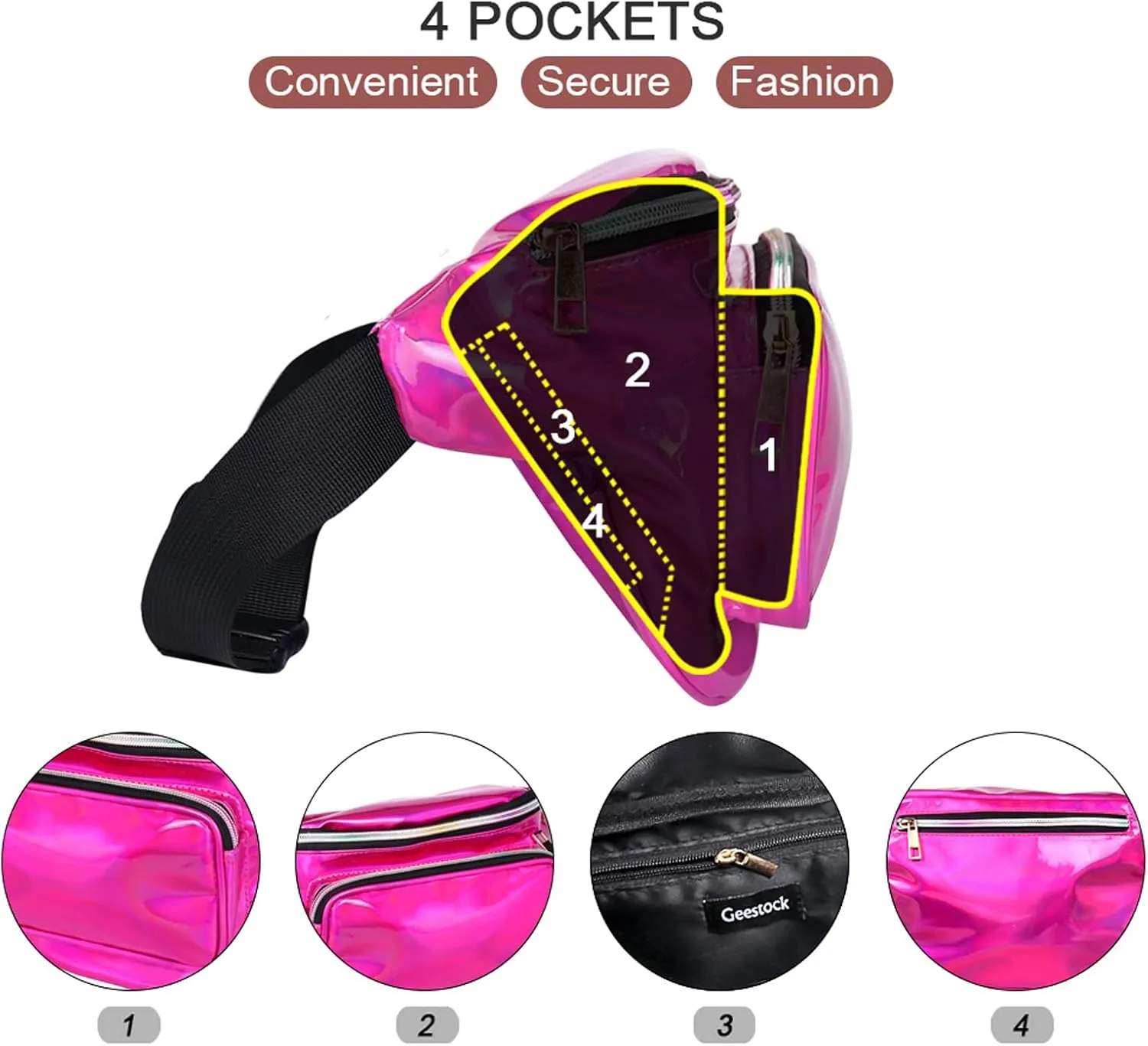 Geestock Fanny Packs for Women holographic Bags, Rave PVC Waterproof Reflective Belt Bag, Fashion Waist Bag with Adjustable Belt, Silver, Pink, Black Glitter Fanny Pack for Swimming Running