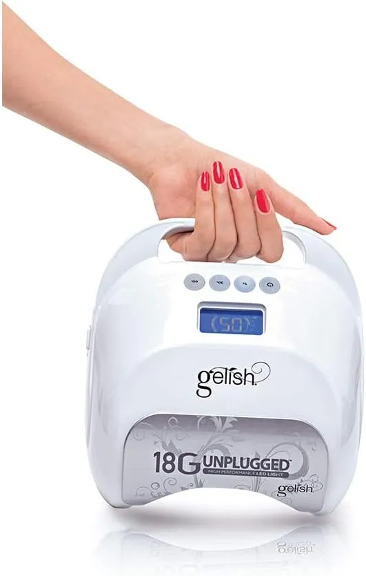Gelish 18G Unplugged LED Light - Portable, Rechargeable, 36W, White & Silver, Intelligent Power Assist, Motion Sensors, Timer, Magnetic Tray, Ergonomic Design Gel Lamp, Nail Lamp, Gel Nail Light
