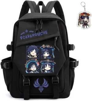 Genshin Impact Backpack Unisex Women Men Rucksack Furina Xiao Scaramouche Kawaii Backpack, Free Keychain (Black-Scaramouche)