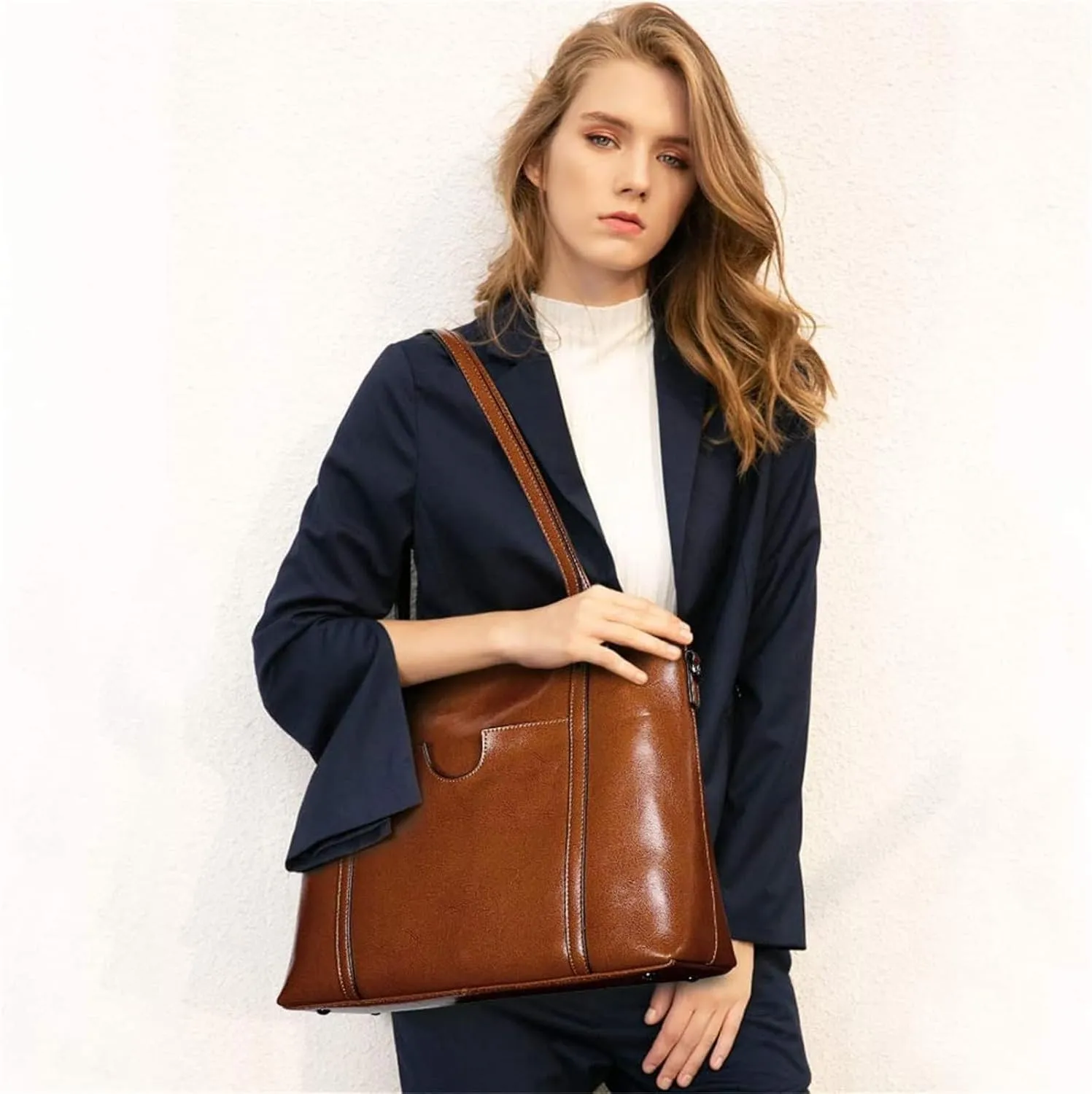 Genuine Leather Tote Bag for Women – Large Capacity Work Bag with Zipper, Adjustable Top Handles, Fits 14-Inch Laptop
