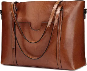 Genuine Leather Tote Bag for Women – Large Capacity Work Bag with Zipper, Adjustable Top Handles, Fits 14-Inch Laptop