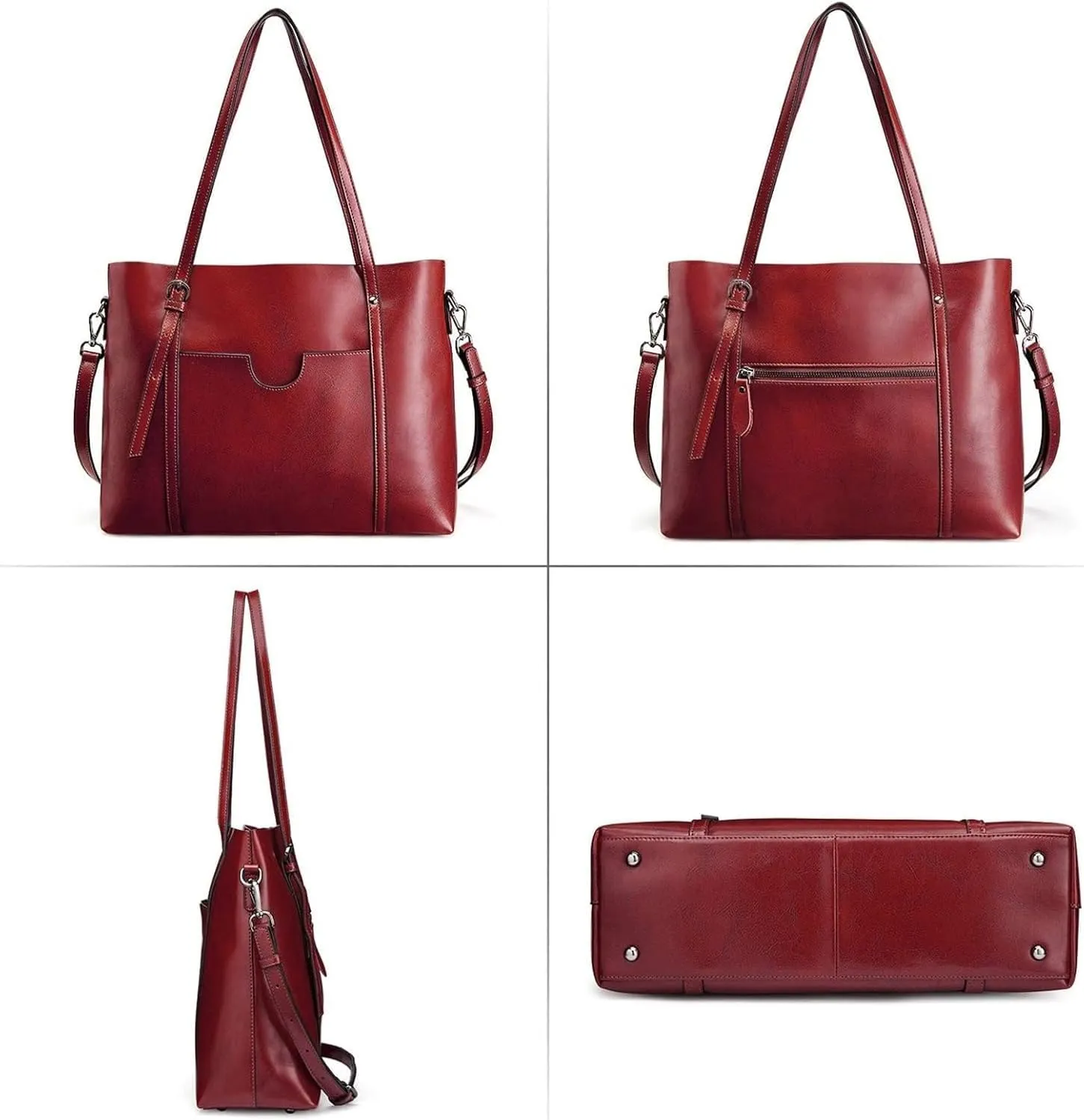 Genuine Leather Tote Bag for Women – Large Capacity Work Bag with Zipper, Adjustable Top Handles, Fits 14-Inch Laptop