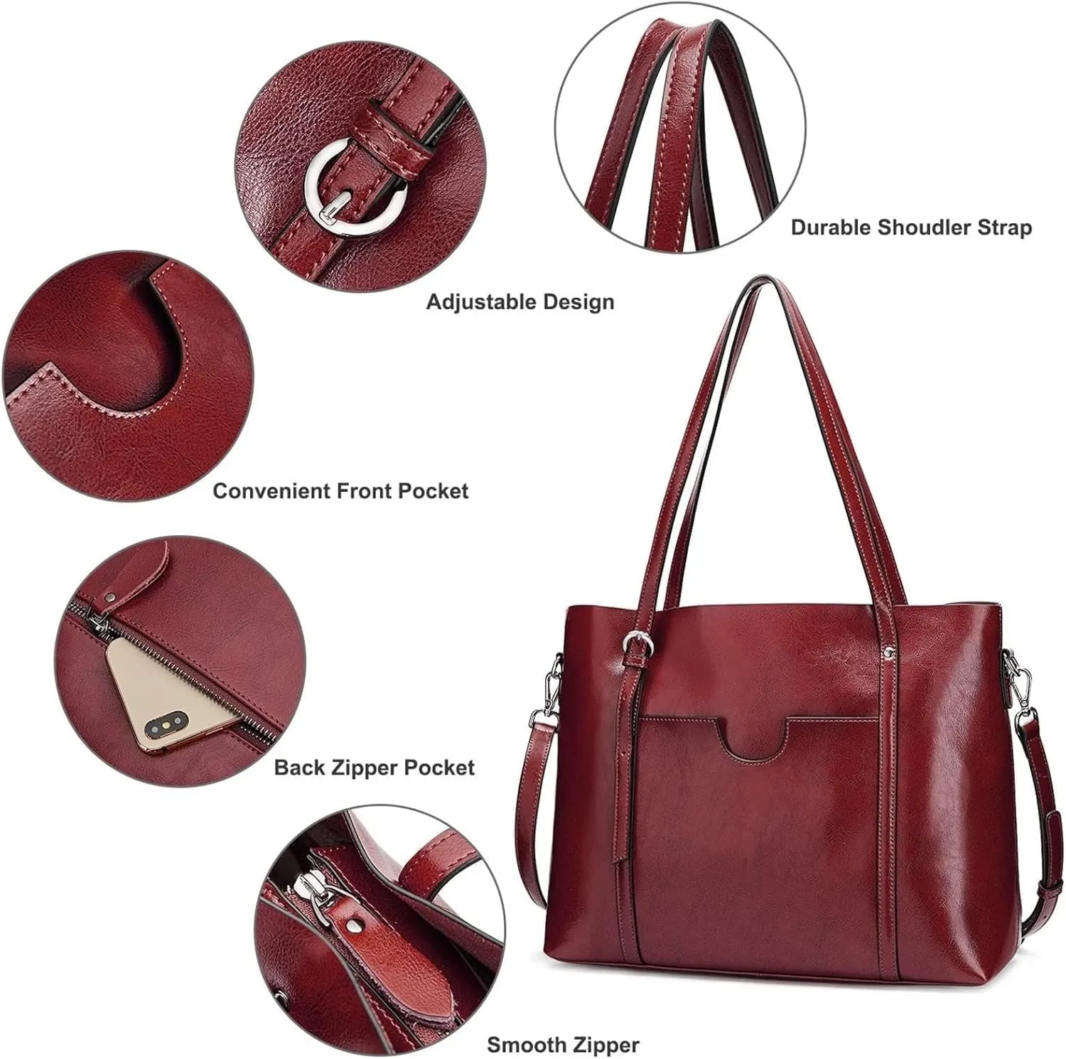 Genuine Leather Tote Bag for Women – Large Capacity Work Bag with Zipper, Adjustable Top Handles, Fits 14-Inch Laptop