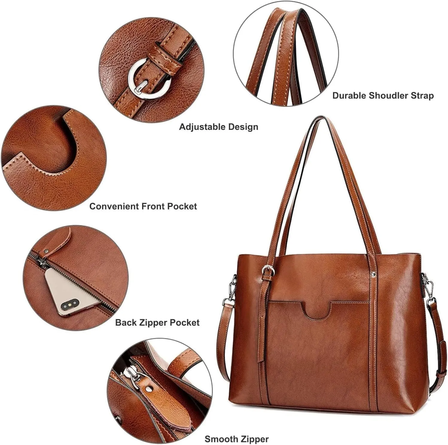 Genuine Leather Tote Bag for Women – Large Capacity Work Bag with Zipper, Adjustable Top Handles, Fits 14-Inch Laptop