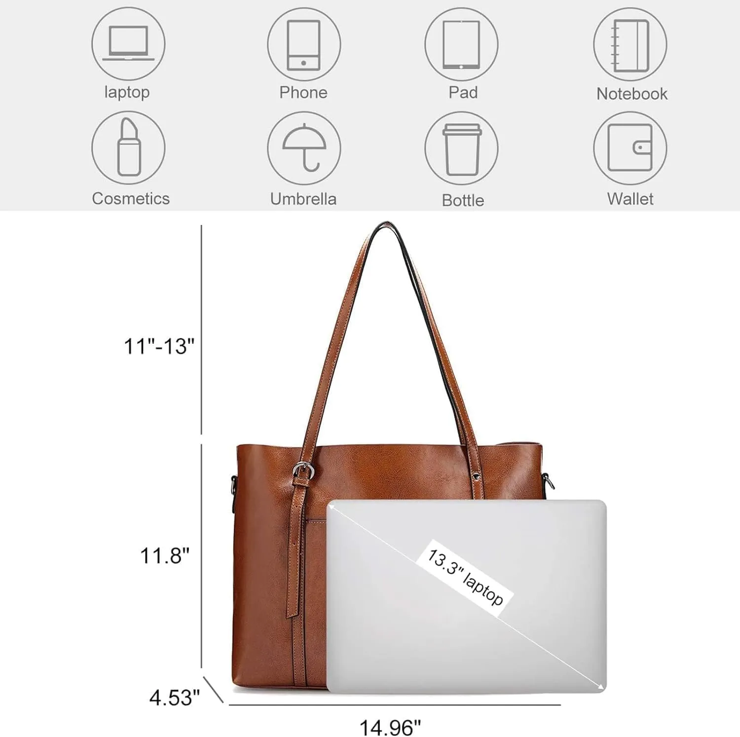 Genuine Leather Tote Bag for Women – Large Capacity Work Bag with Zipper, Adjustable Top Handles, Fits 14-Inch Laptop