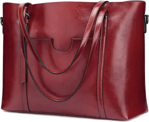 Genuine Leather Tote Bag for Women – Large Capacity Work Bag with Zipper, Adjustable Top Handles, Fits 14-Inch Laptop
