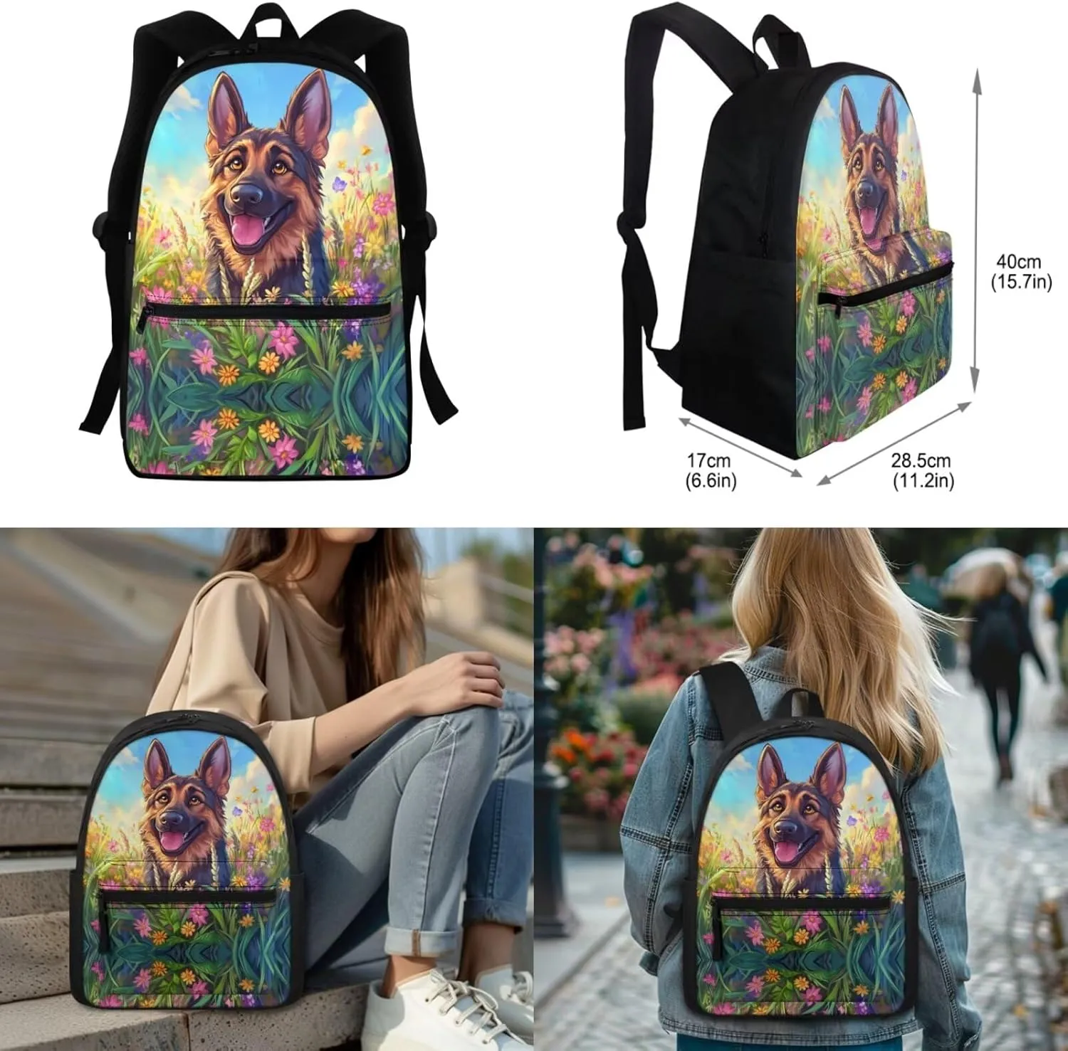 German Shepherds Backpack for Girls Boys 6-8 10-12 Kids School Bag Set with Lunch Bag Pencil Case Kindergartner Elementary Preschool Middle School Bookbag Water Bottle Sleeve