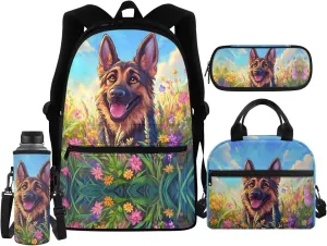 German Shepherds Backpack for Girls Boys 6-8 10-12 Kids School Bag Set with Lunch Bag Pencil Case Kindergartner Elementary Preschool Middle School Bookbag Water Bottle Sleeve